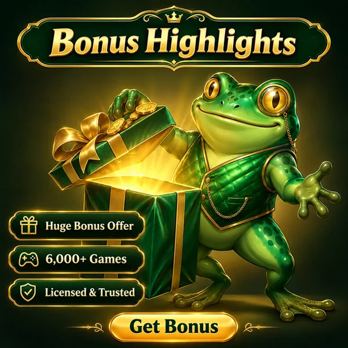 Frogyspin reveals a glowing welcome bonus chest on stage