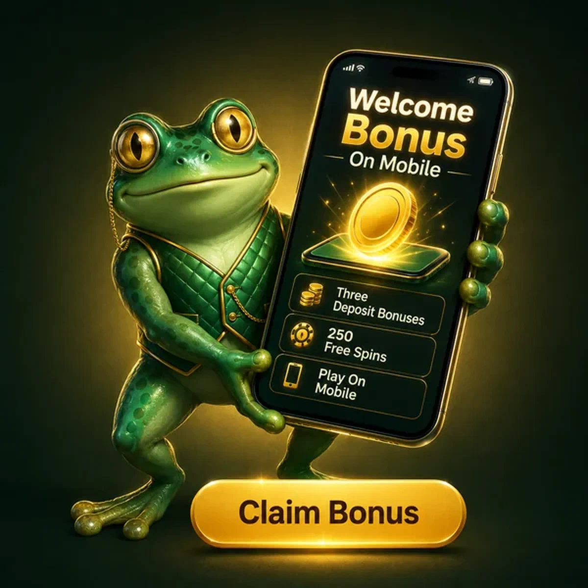 Frogyspin mobile app glowing on phone as frog reveals bonus