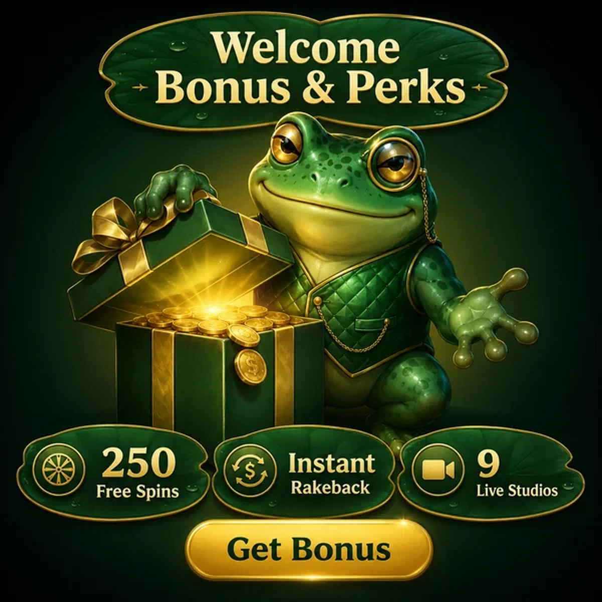 Frog mascot unveils golden welcome gift at Frogyspin live casino floor