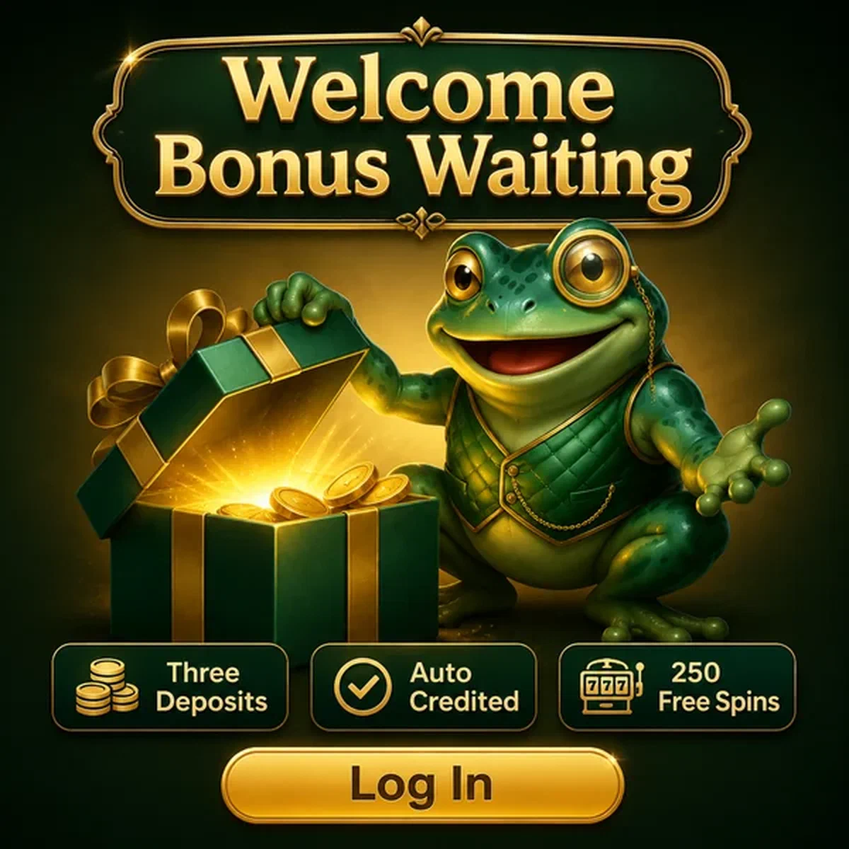 Sly frog reveals golden gift box after login at Frogyspin