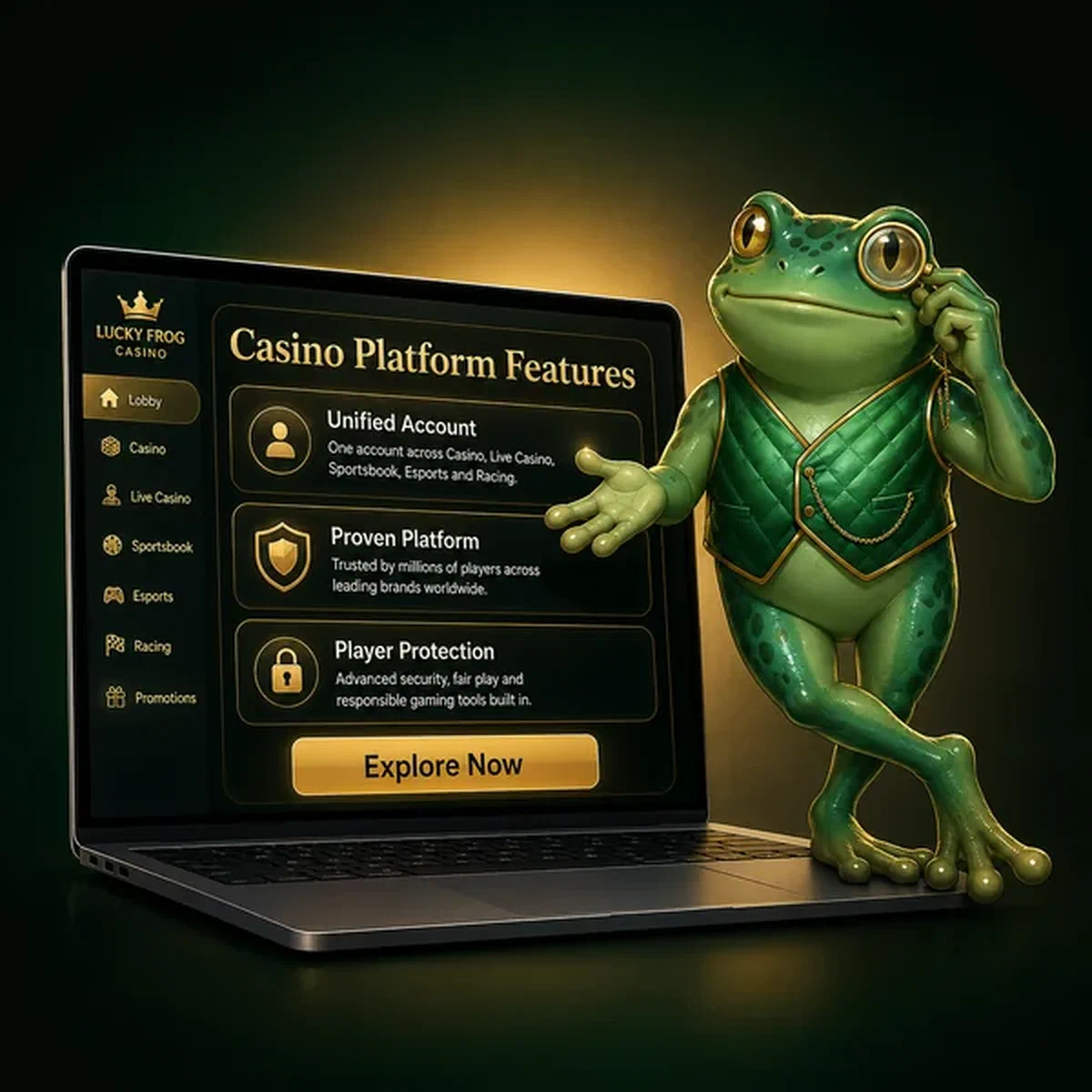 Frog host unveils Frogyspin platform features on a glowing laptop screen