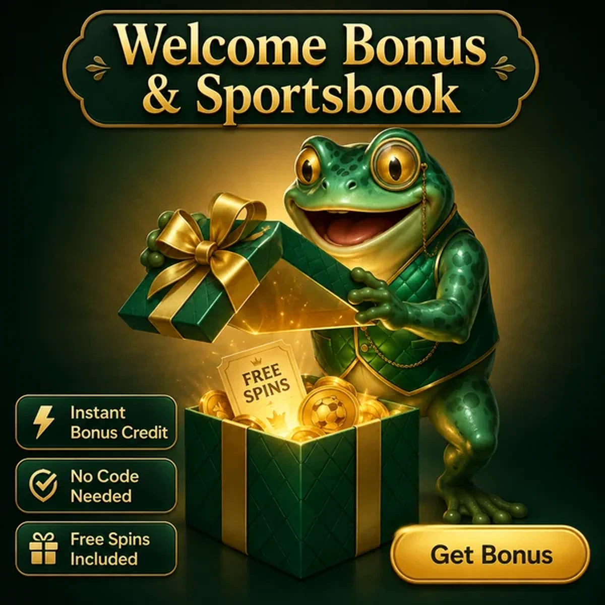 Frog host lifting golden welcome bonus box at Frogyspin lobby