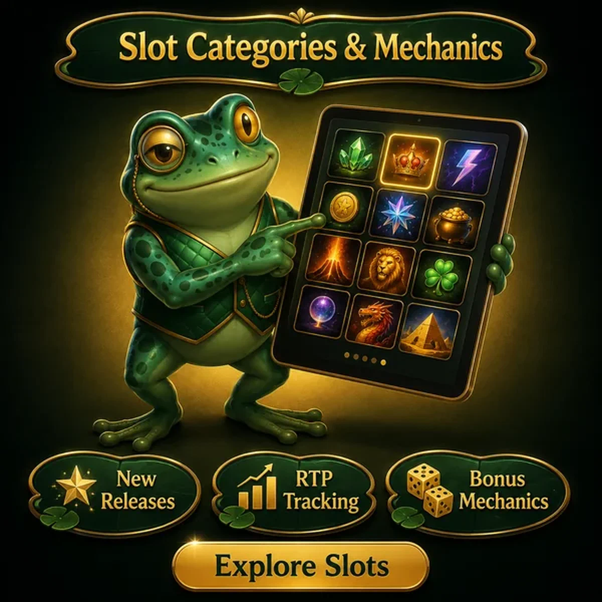 Frog guide taps glowing tiles sorting slot games in the Frogyspin lobby