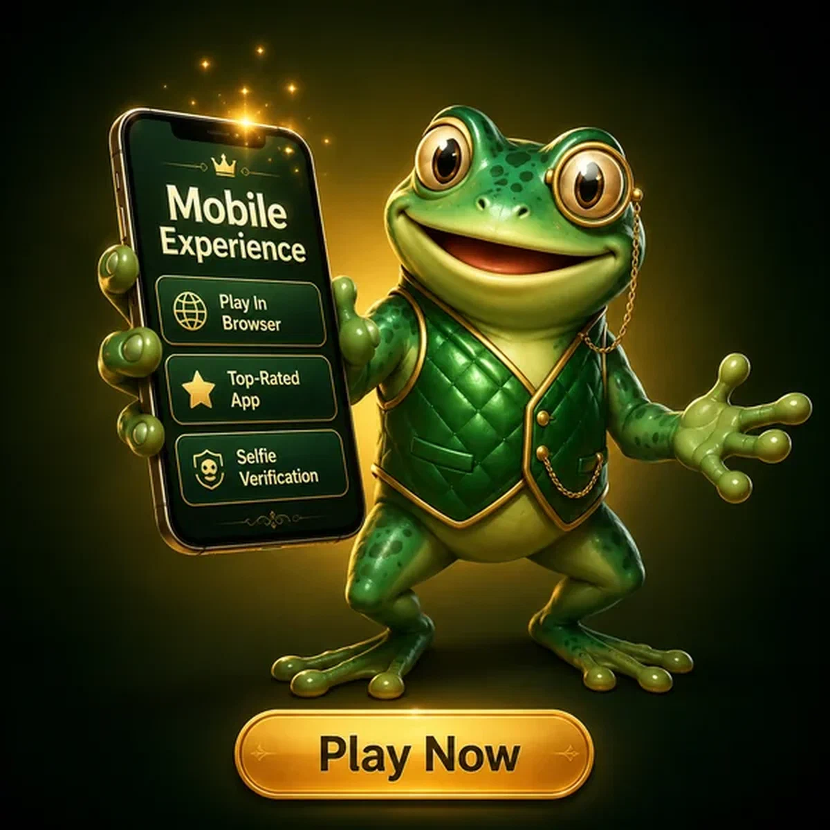 Frog concierge presenting the Frogyspin app on a glowing phone