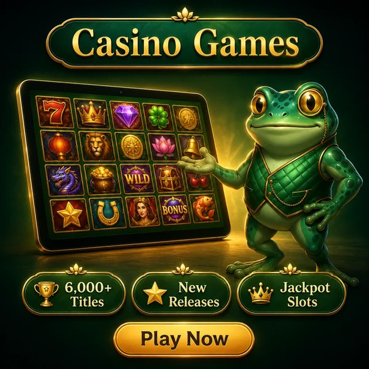 Frog mascot unveils glowing slot games grid on tablet at Frogyspin