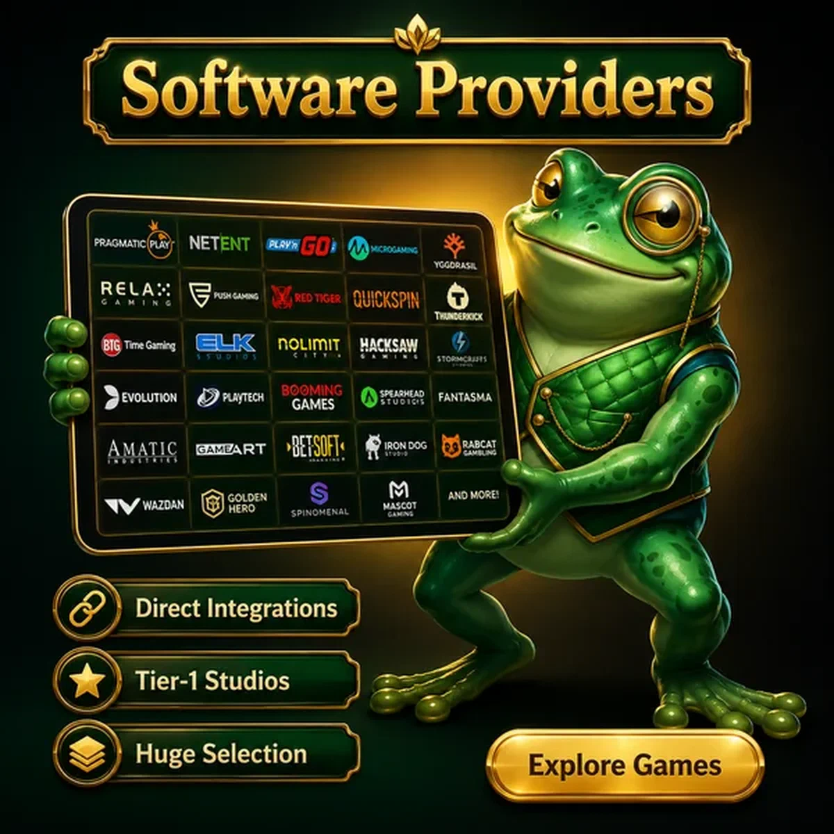 Frogyspin frog tilts glowing tablet, flaunting tier-1 studio logos